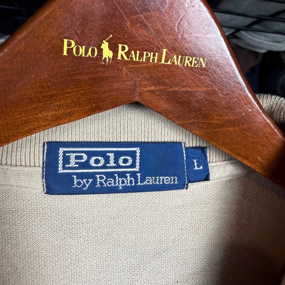 Polo Ralph Lauren Rugby Mens Large Tan Long Sleeve Polo Shirt Beige 90s Vintage - Picture 2 of 5